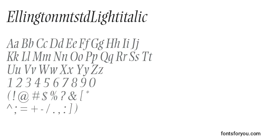 Шрифт EllingtonmtstdLightitalic – алфавит, цифры, специальные символы