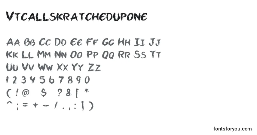 Czcionka Vtcallskratchedupone – alfabet, cyfry, specjalne znaki