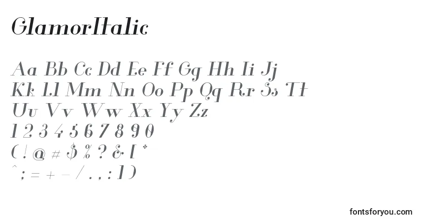 Шрифт GlamorItalic – алфавит, цифры, специальные символы