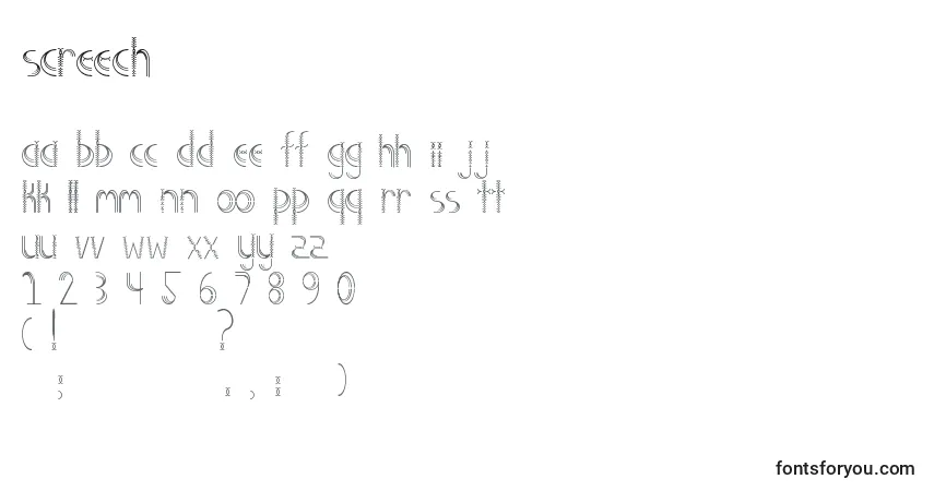 Czcionka Screech – alfabet, cyfry, specjalne znaki