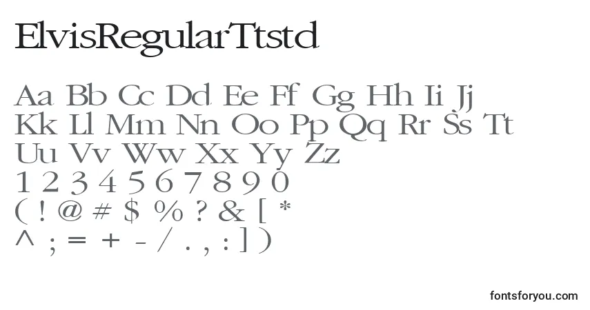 Czcionka ElvisRegularTtstd – alfabet, cyfry, specjalne znaki