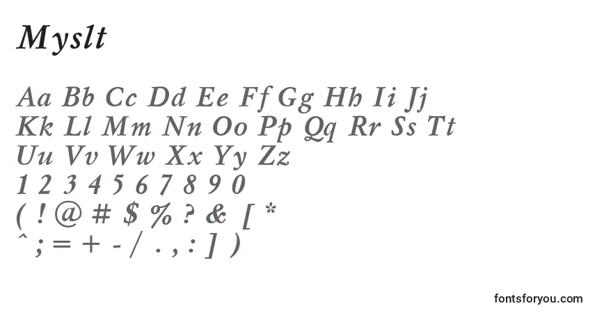 Schriftart Myslt – Alphabet, Zahlen, spezielle Symbole