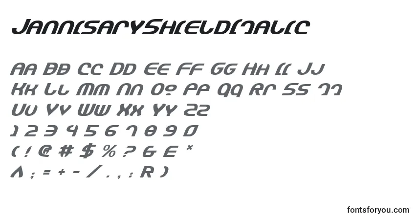 Czcionka JannisaryShieldItalic – alfabet, cyfry, specjalne znaki