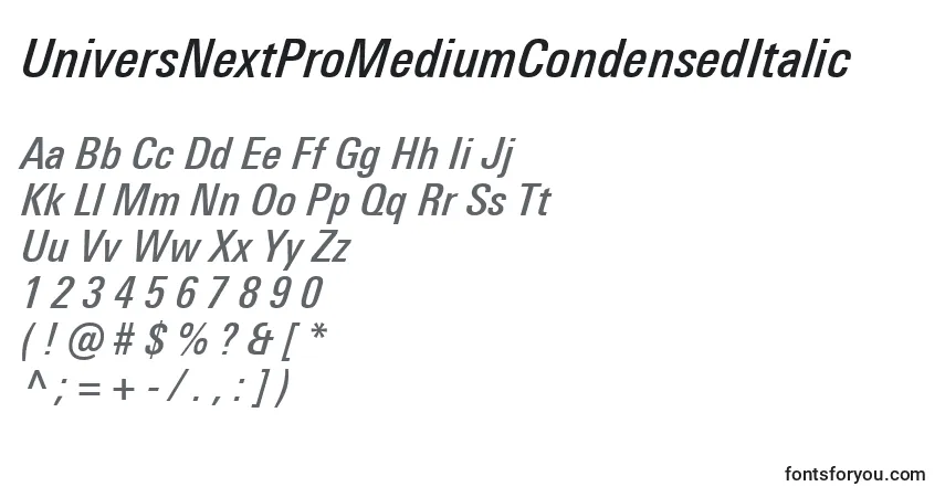 UniversNextProMediumCondensedItalic-fontti – aakkoset, numerot, erikoismerkit