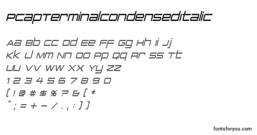 A fonte PcapTerminalCondensedItalic – alfabeto, números, caracteres especiais