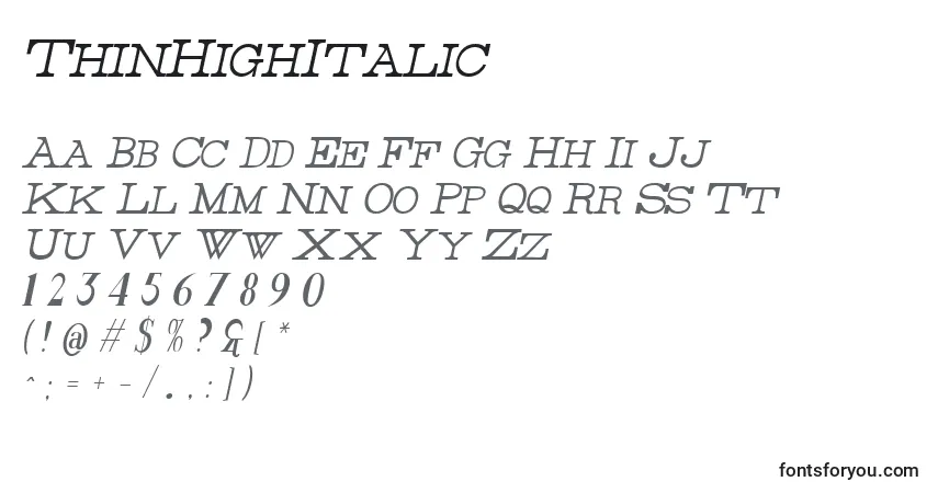 A fonte ThinHighItalic – alfabeto, números, caracteres especiais