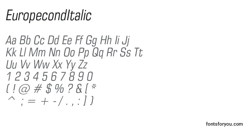Czcionka EuropecondItalic – alfabet, cyfry, specjalne znaki