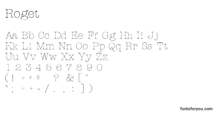 Czcionka Roget – alfabet, cyfry, specjalne znaki