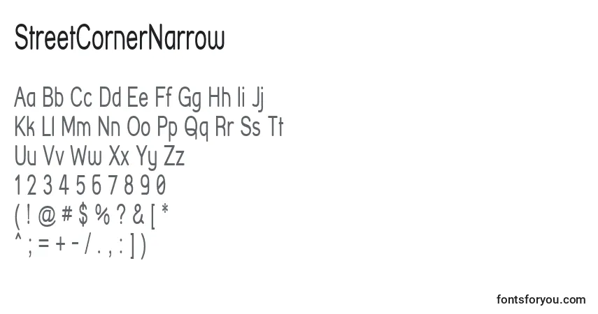 Czcionka StreetCornerNarrow – alfabet, cyfry, specjalne znaki