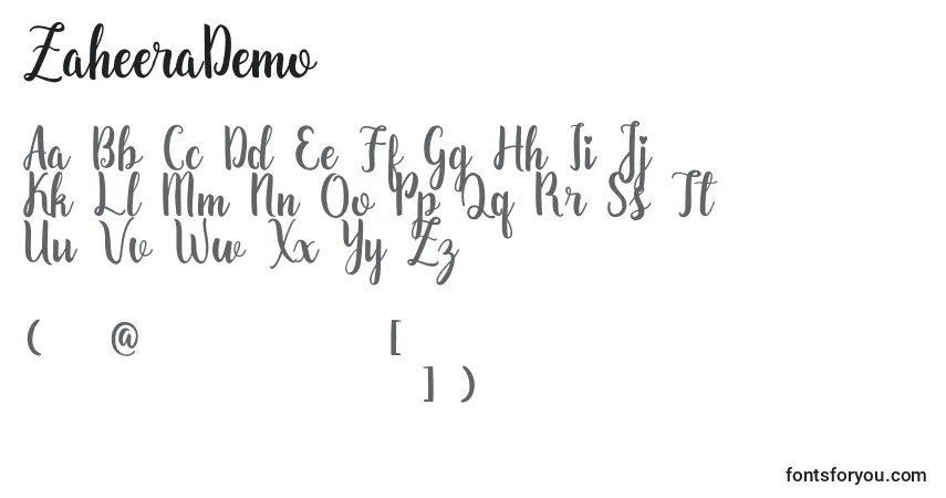 A fonte ZaheeraDemo (35031) – alfabeto, números, caracteres especiais