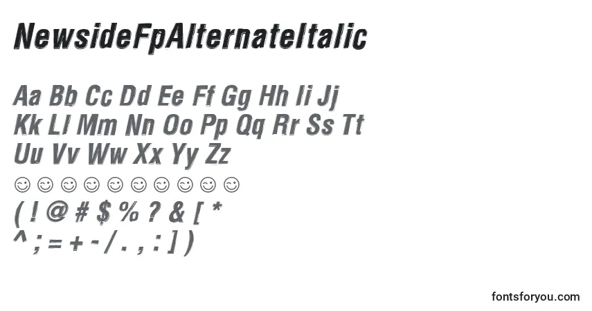 A fonte NewsideFpAlternateItalic – alfabeto, números, caracteres especiais