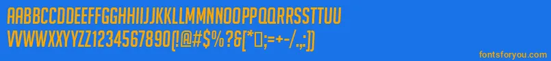 フォントBignoodletitling ffy – オレンジ色の文字が青い背景にあります。