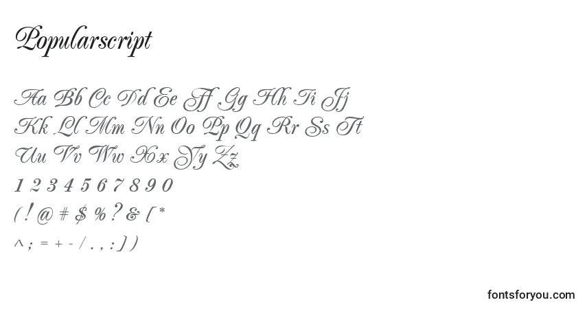 Czcionka Popularscript – alfabet, cyfry, specjalne znaki