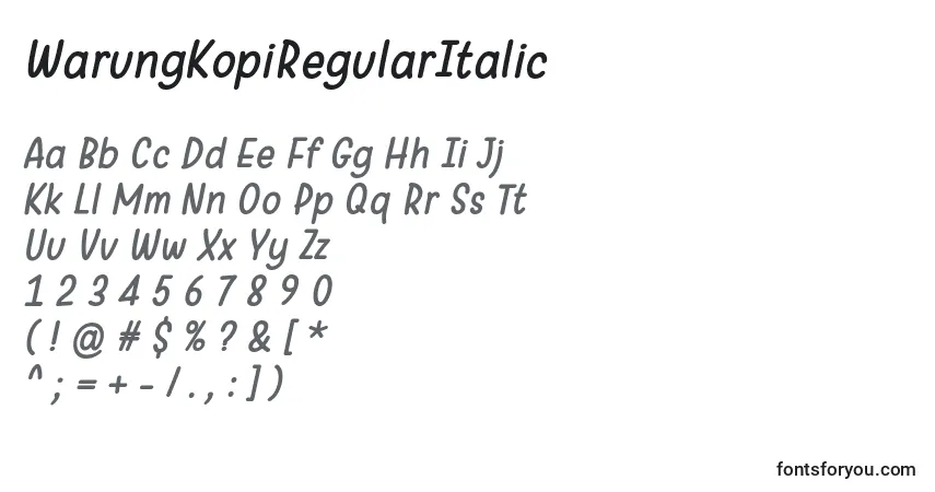 A fonte WarungKopiRegularItalic – alfabeto, números, caracteres especiais