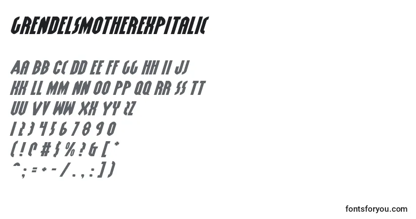 Schriftart GrendelsMotherExpItalic – Alphabet, Zahlen, spezielle Symbole