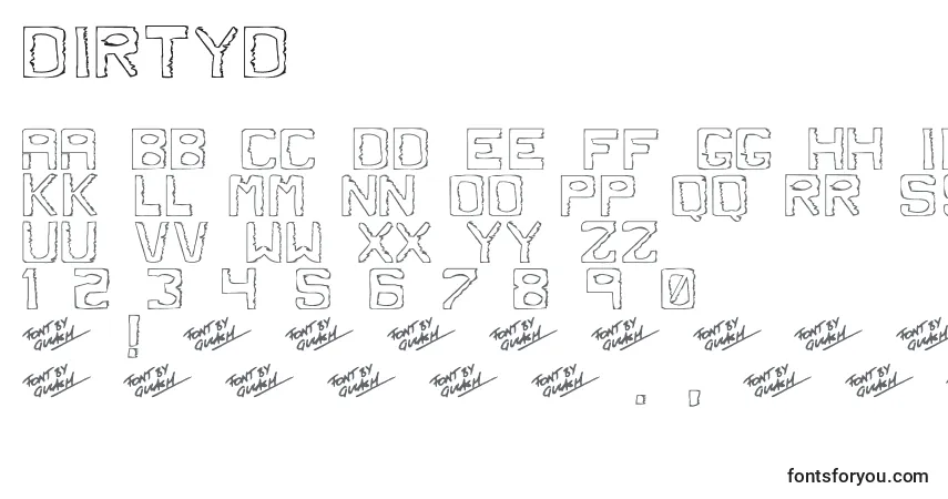 A fonte Dirtyd – alfabeto, números, caracteres especiais