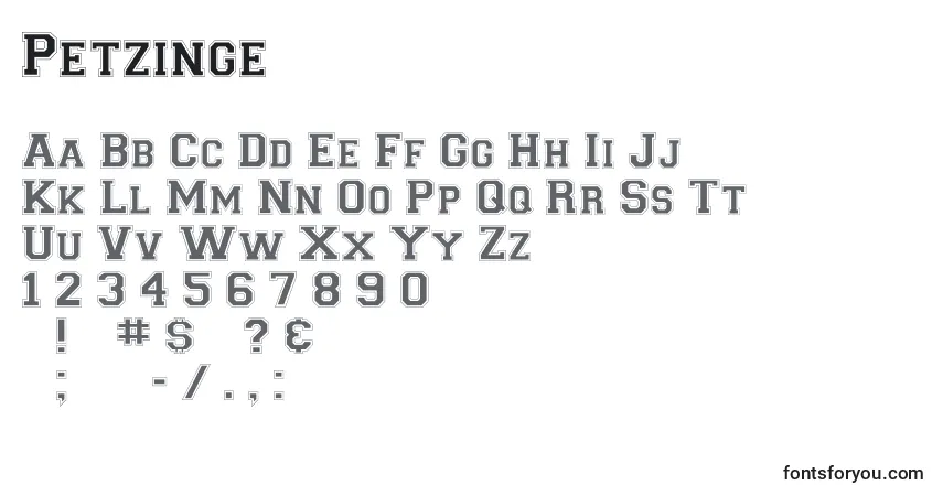 Czcionka Petzinge – alfabet, cyfry, specjalne znaki