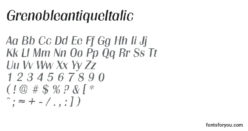 Czcionka GrenobleantiqueItalic – alfabet, cyfry, specjalne znaki