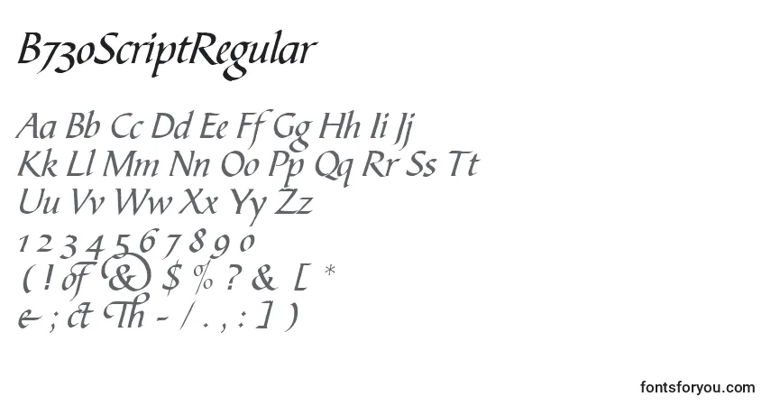 A fonte B730ScriptRegular – alfabeto, números, caracteres especiais