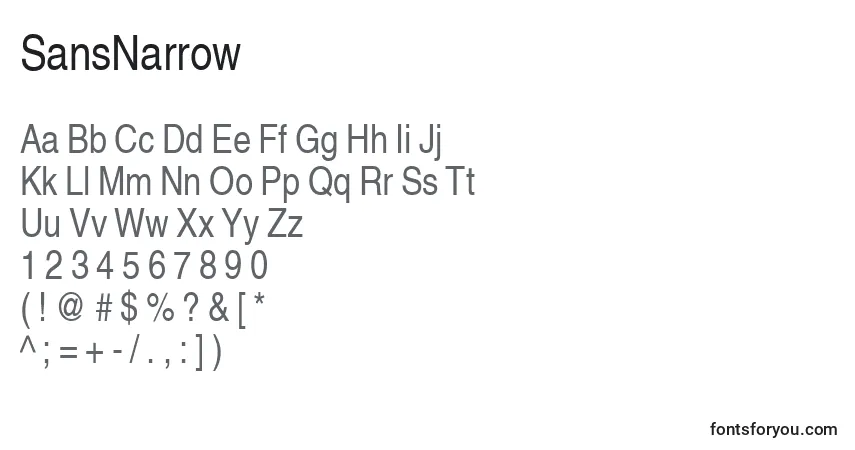 Czcionka SansNarrow – alfabet, cyfry, specjalne znaki