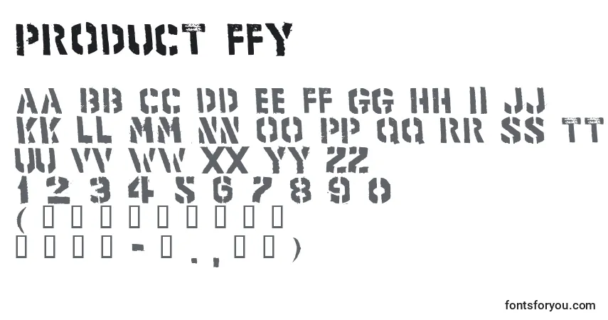 A fonte Product ffy – alfabeto, números, caracteres especiais