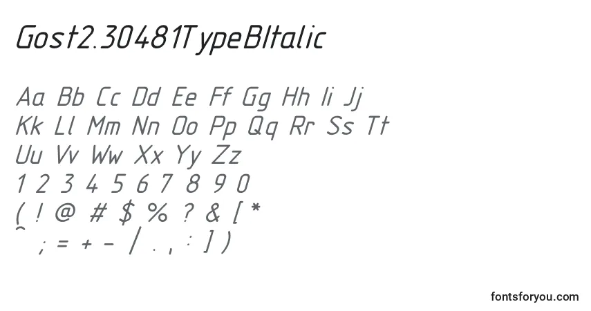 A fonte Gost2.30481TypeBItalic – alfabeto, números, caracteres especiais