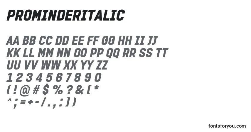 Шрифт ProminderItalic – алфавит, цифры, специальные символы