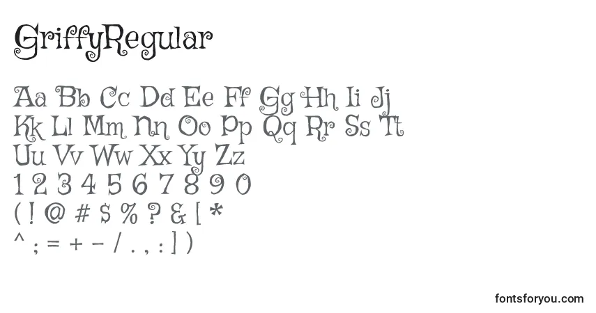 A fonte GriffyRegular – alfabeto, números, caracteres especiais