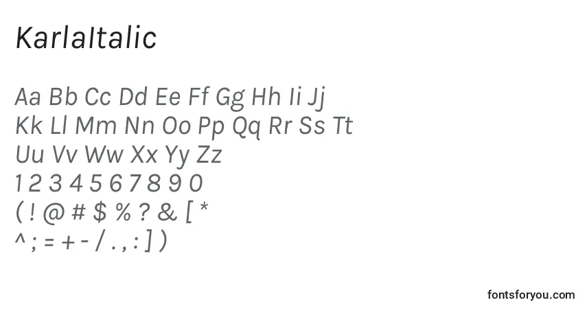 Czcionka KarlaItalic – alfabet, cyfry, specjalne znaki