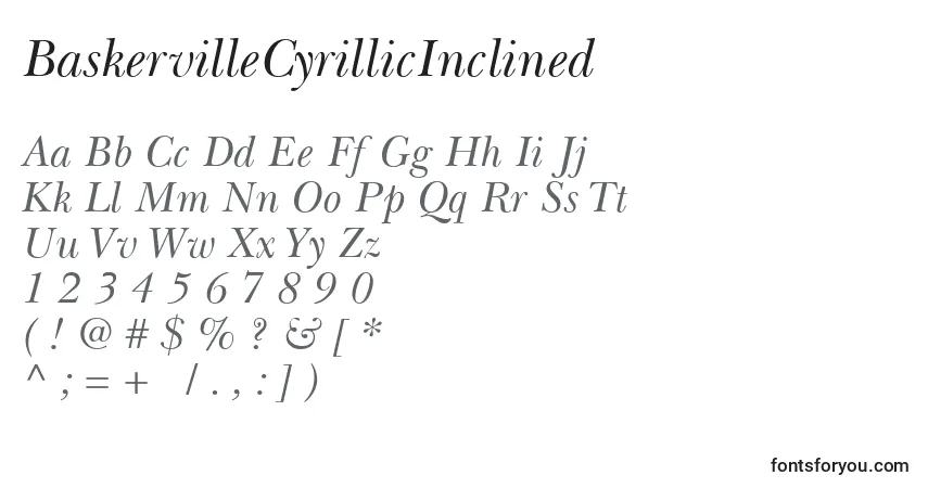 A fonte BaskervilleCyrillicInclined – alfabeto, números, caracteres especiais