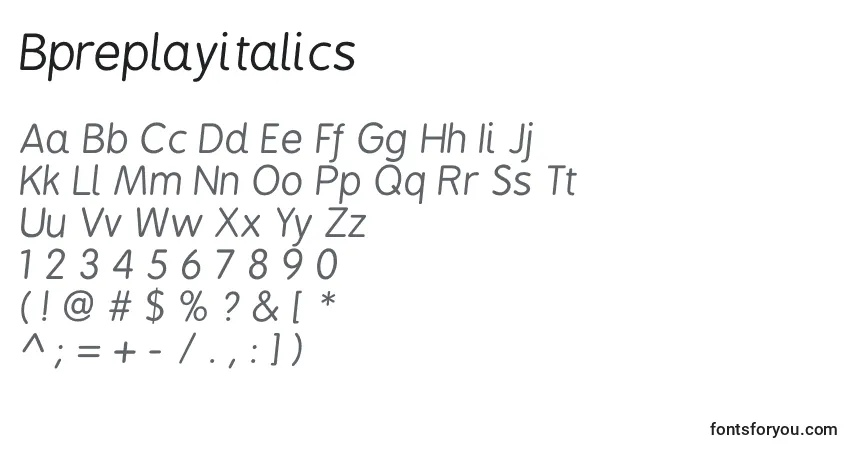 Schriftart Bpreplayitalics – Alphabet, Zahlen, spezielle Symbole