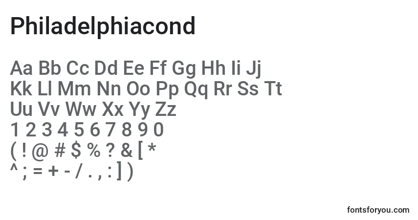 Schriftart Philadelphiacond – Alphabet, Zahlen, spezielle Symbole
