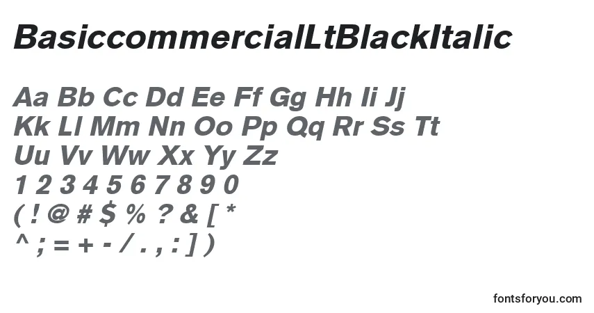 A fonte BasiccommercialLtBlackItalic – alfabeto, números, caracteres especiais