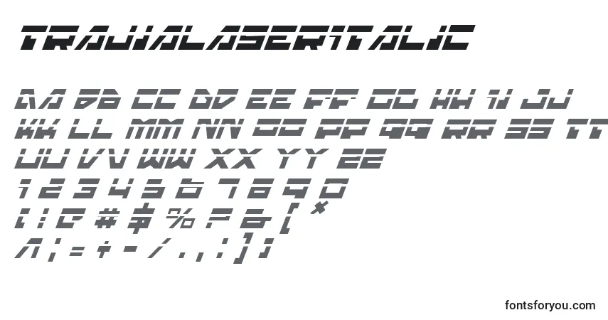 Czcionka TrajiaLaserItalic – alfabet, cyfry, specjalne znaki