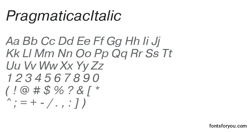 Czcionka PragmaticacItalic – alfabet, cyfry, specjalne znaki