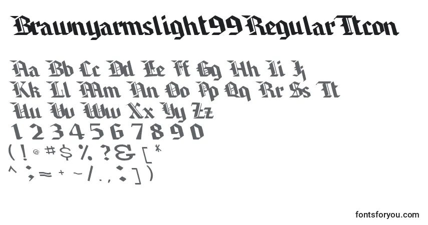A fonte Brawnyarmslight99RegularTtcon – alfabeto, números, caracteres especiais