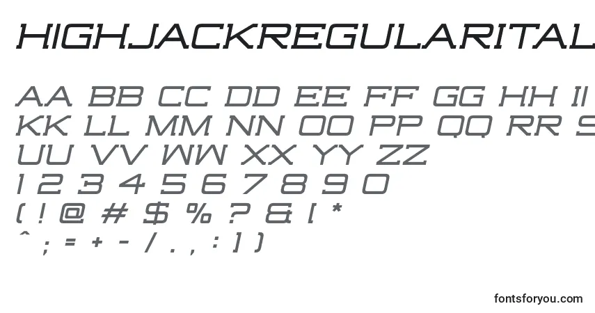 HighjackRegularItalicフォント–アルファベット、数字、特殊文字