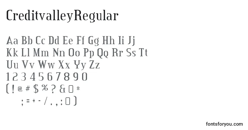 A fonte CreditvalleyRegular – alfabeto, números, caracteres especiais