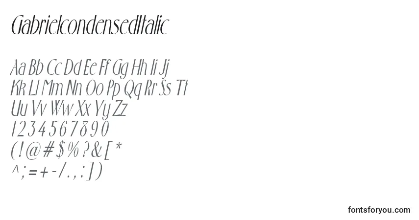 Czcionka GabrielcondensedItalic – alfabet, cyfry, specjalne znaki