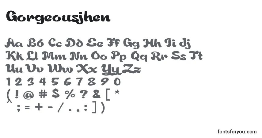 Czcionka Gorgeousjhen – alfabet, cyfry, specjalne znaki