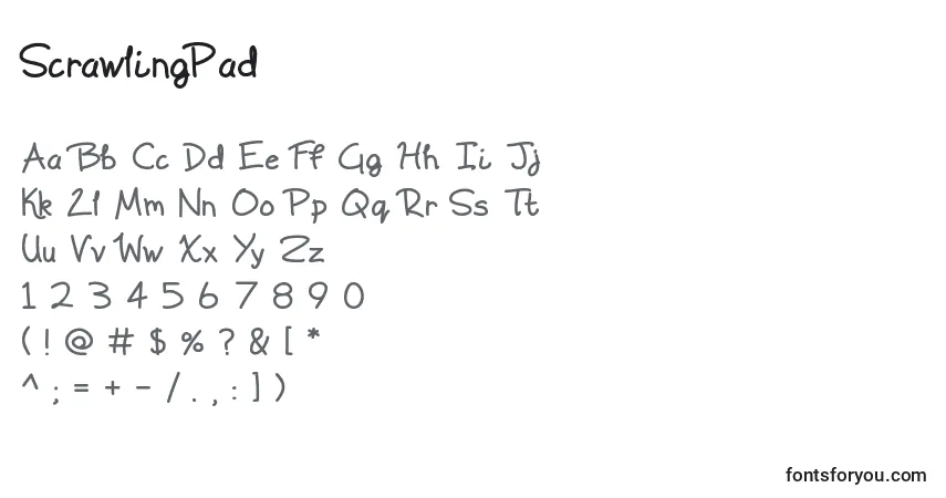 A fonte ScrawlingPad – alfabeto, números, caracteres especiais