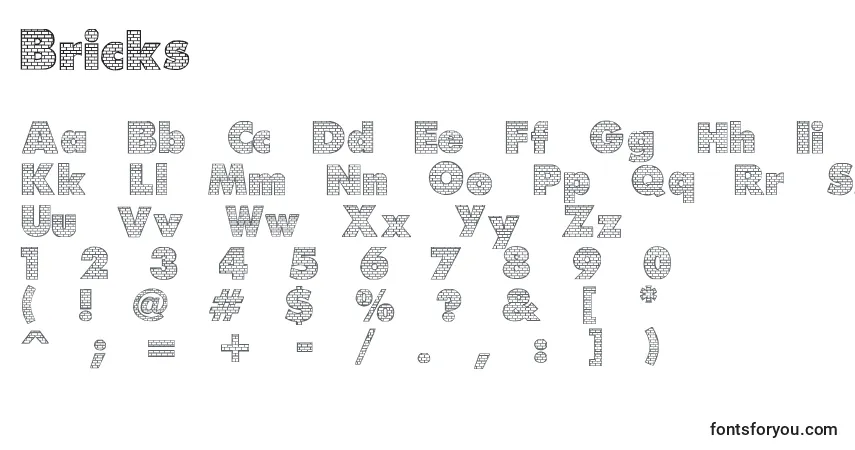 Czcionka Bricks – alfabet, cyfry, specjalne znaki