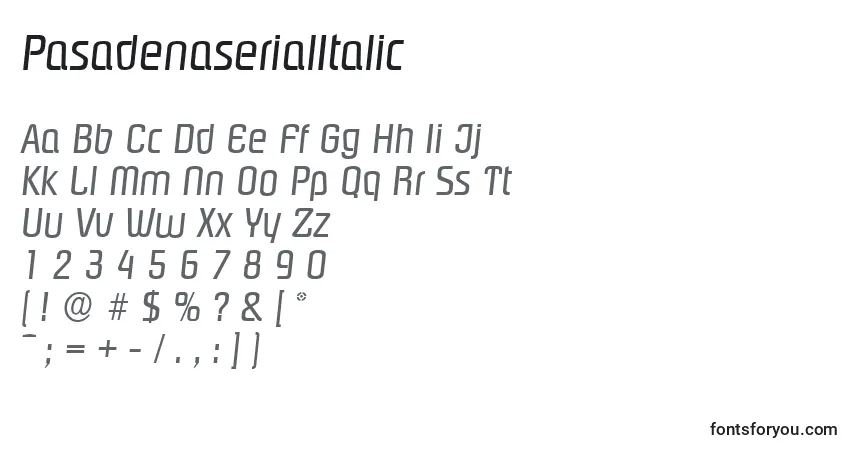 Czcionka PasadenaserialItalic – alfabet, cyfry, specjalne znaki