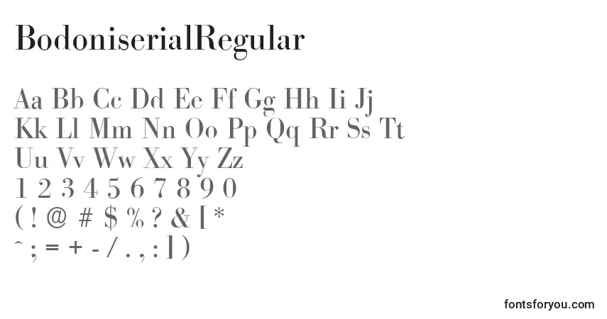 Czcionka BodoniserialRegular – alfabet, cyfry, specjalne znaki