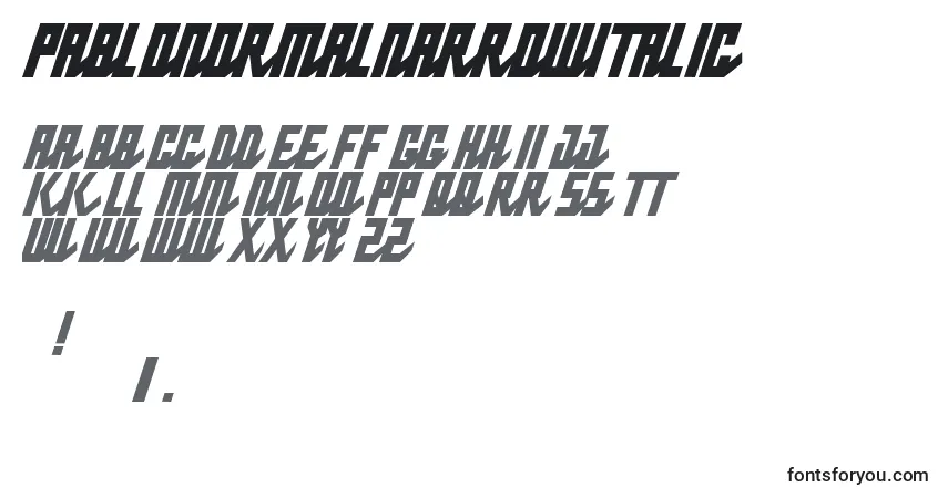 Шрифт PabloNormalnarrowitalic – алфавит, цифры, специальные символы