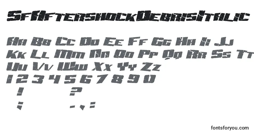 Czcionka SfAftershockDebrisItalic – alfabet, cyfry, specjalne znaki