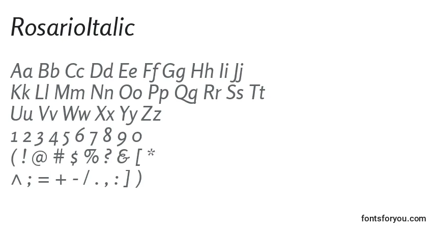 Czcionka RosarioItalic – alfabet, cyfry, specjalne znaki