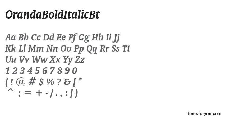 A fonte OrandaBoldItalicBt – alfabeto, números, caracteres especiais