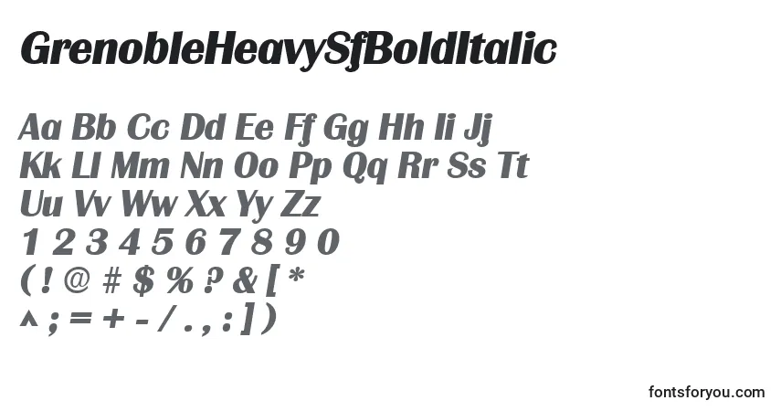 A fonte GrenobleHeavySfBoldItalic – alfabeto, números, caracteres especiais