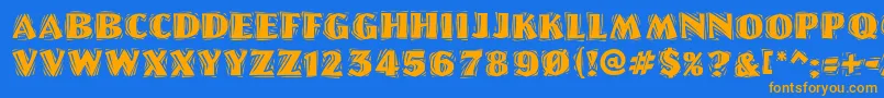 フォントLinolettercutragged – オレンジ色の文字が青い背景にあります。